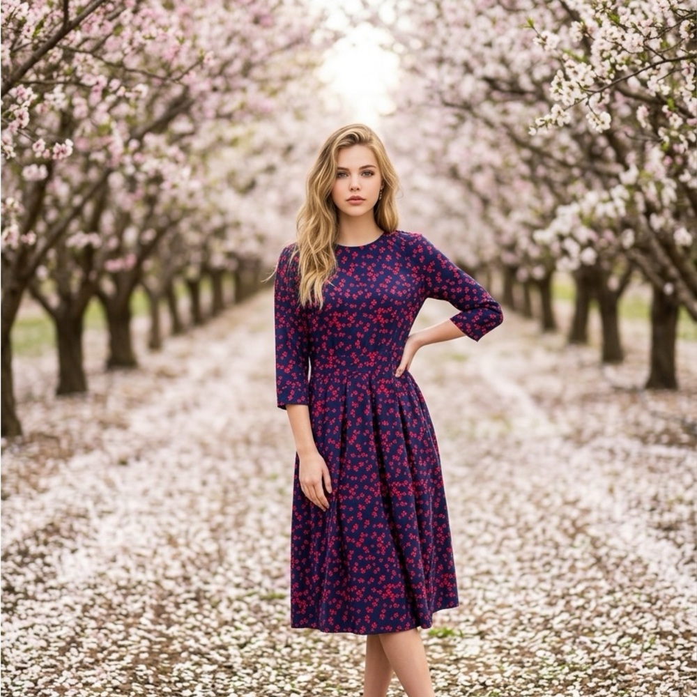 Chic Floral Midi Dress in Navy and Pink - Picture 1 of 5